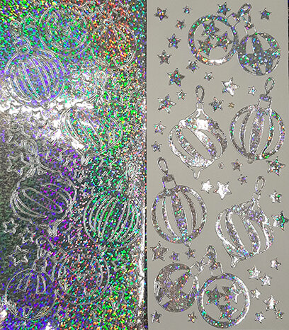 Объемные наклейки с глиттером "Новогодние украшения", цвет - серебро с серебряным голографическим глиттером (Нидерланды) 