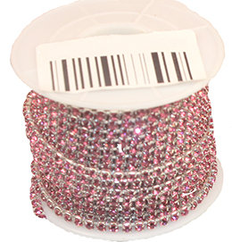 Стразовая цепь, цвет - розовый в серебре, размер страз SS10 (2,8 мм.), 1 м. 