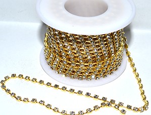 Стразовая цепь, цвет - золото , размер страз SS12 (3 мм.), 1 м.    