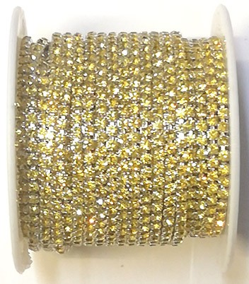 Стразовая цепь, цвет - желтый (цитрин)  в серебряной оправе, размер страз SS 6 (2 мм.), 1 м. 