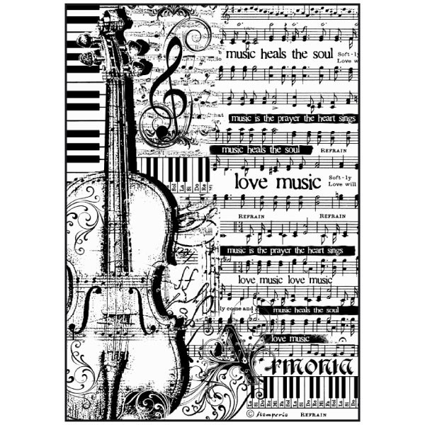 Рисовая бумага Stamperia, "Ноты и виолончель", 20 гр/кв.м. Размер 21 х 29,7 см.