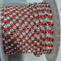 Стразовая цепь двухцветная, цвет - прозрачные и красные стразы в серебре, размер страз SS6 (2 мм.), 1 м.  
